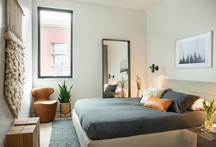 guest bedroom at the studio como showroom in bozeman montana