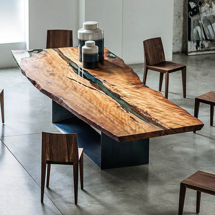modern dining room featuring riva 1920 kauri wood table