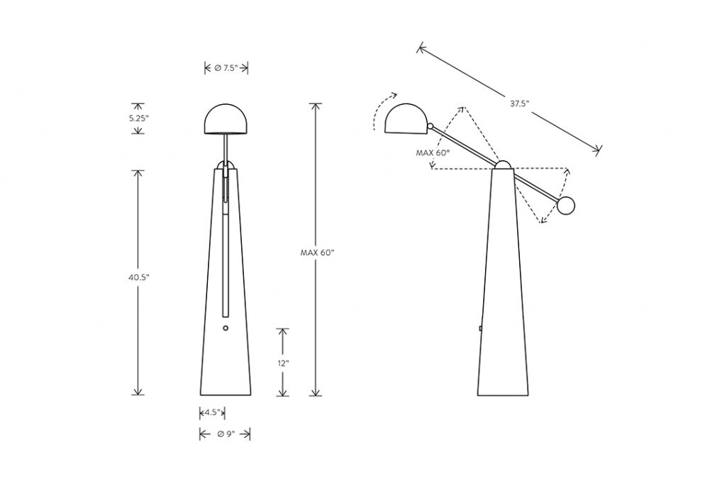line drawing and dimensions for apparatus metronome articulating floor lamp