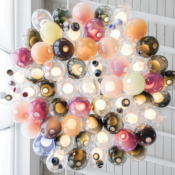 worm's eye view of colorful bocci 28 series cluster pendant light