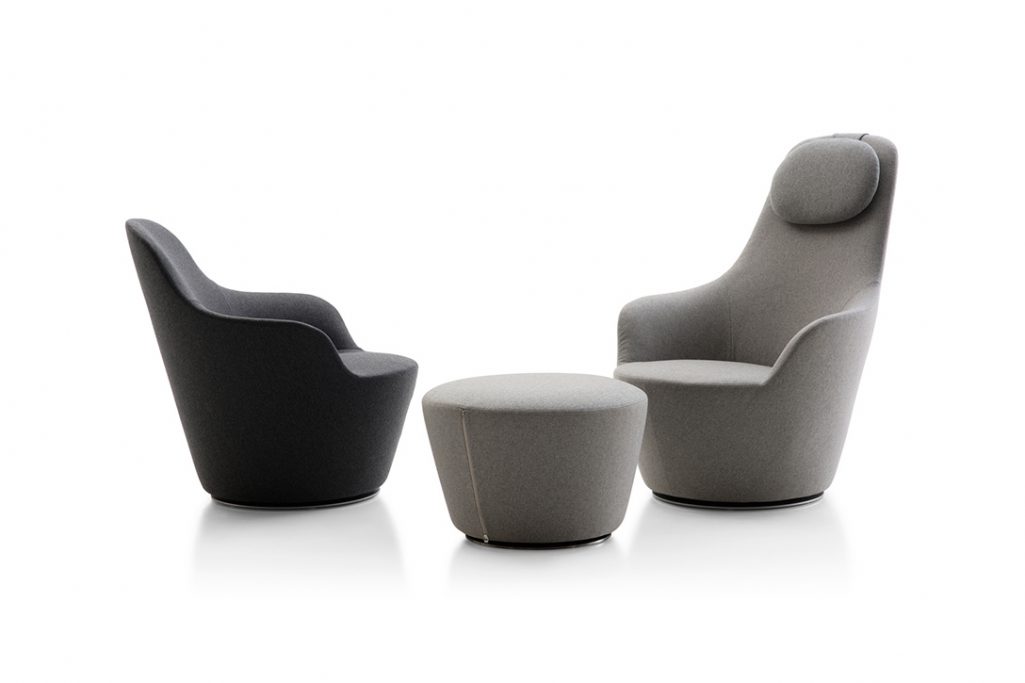b&b italia low back and high back harbor armchairs and a harbor ottoman on a white background