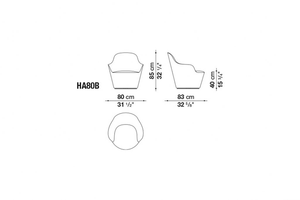 line drawing and dimensions for b&b italia harbor armchair model ha80b