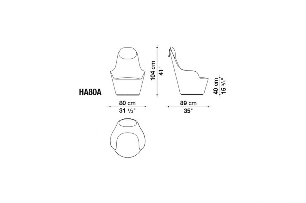 line drawing and dimensions for b&b italia harbor armchair model ha80a