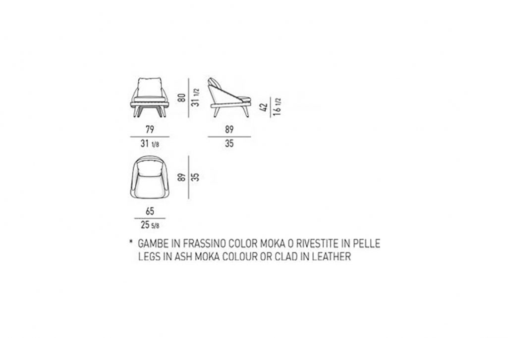 line drawing and dimensions for minotti lawson armchair with wood legs