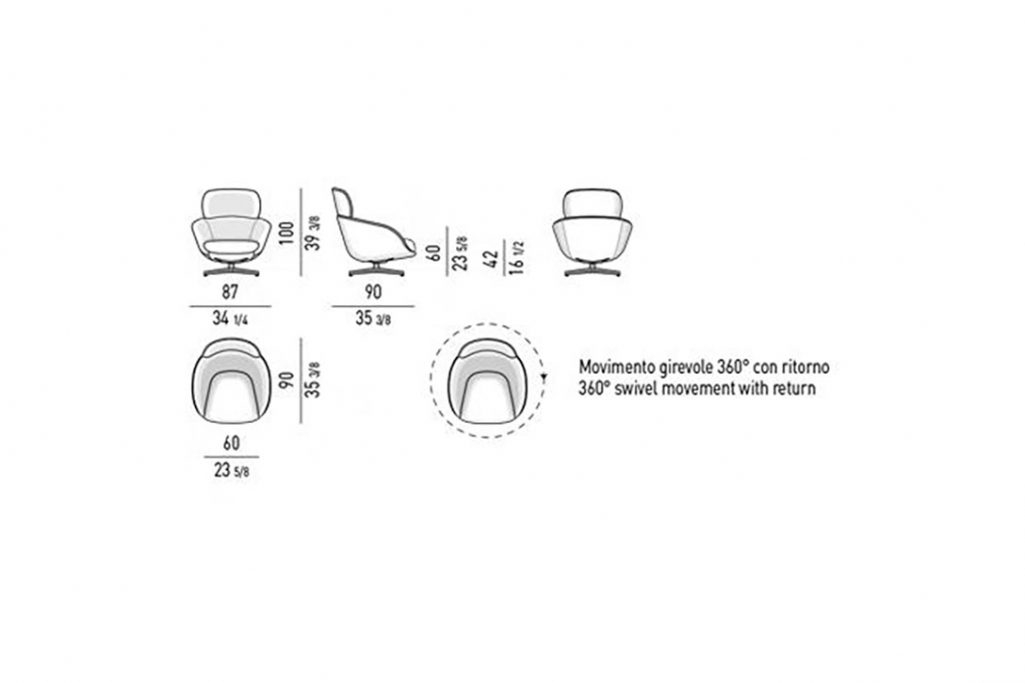 line drawing and dimensions for minotti russel bergère swivel