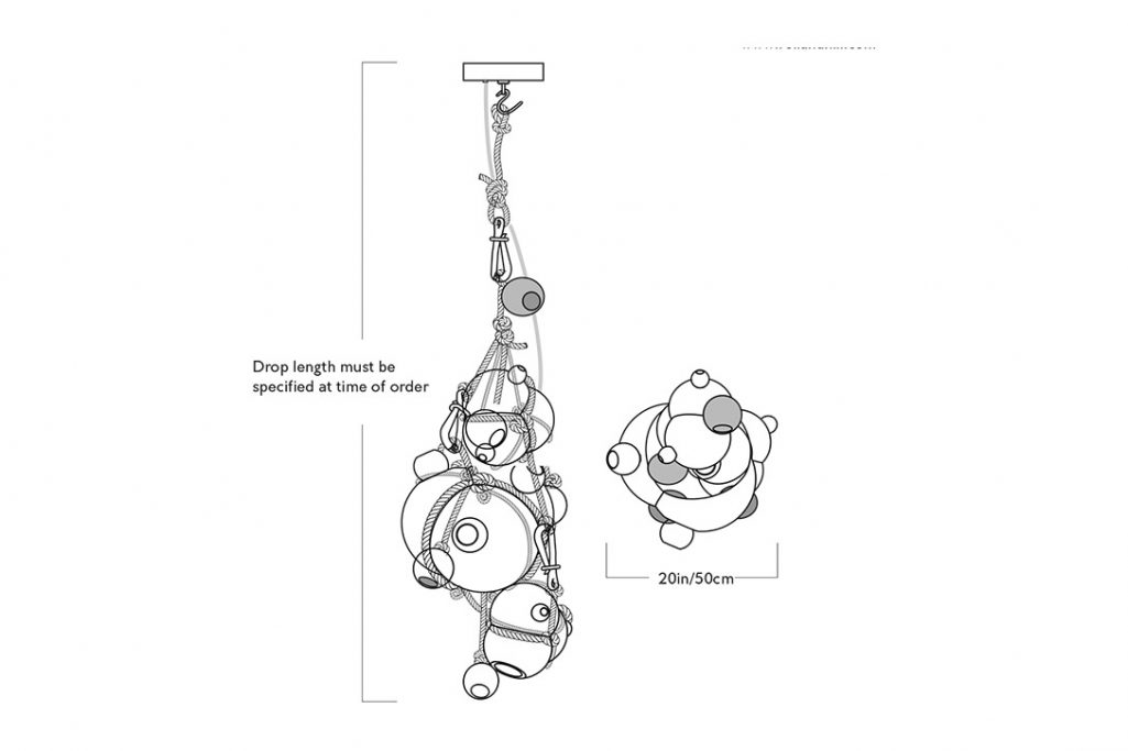 line drawing and dimensions for roll & hill knotty bubbles chandelier 1/2/5