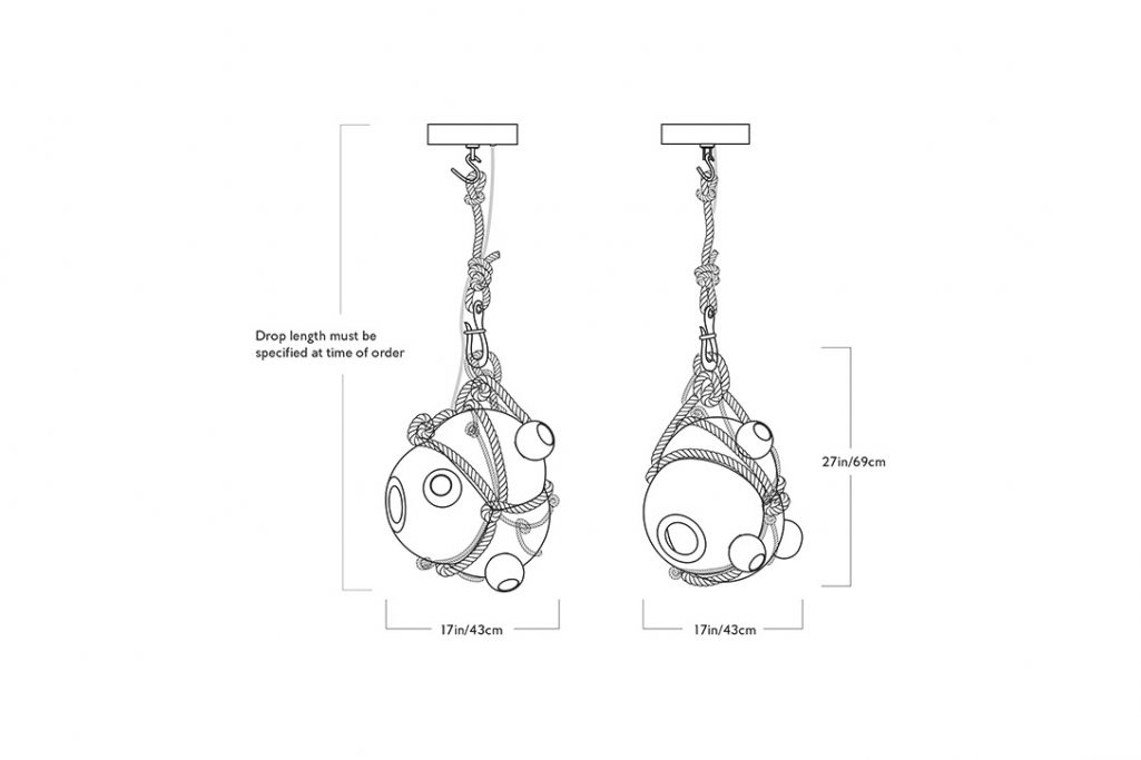line drawing and dimensions for roll & hill knotty bubbles pendant light large