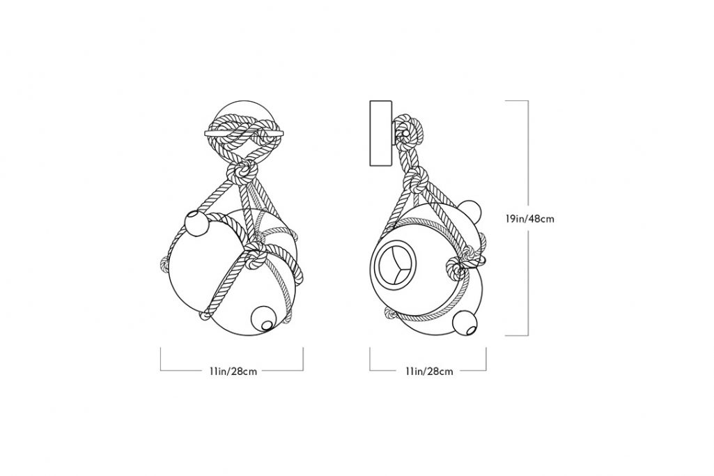 line drawing and dimensions for a roll and hill knotty bubbles sconce small