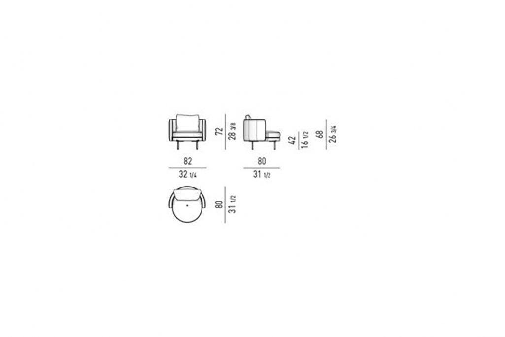 line drawing and dimensions for minotti torii armchair small fixed
