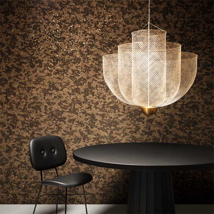 modern dining room featuring moooi meshmatics pendant light
