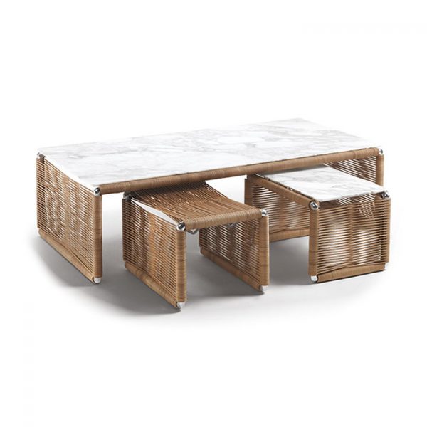 flexform tindari coffee table, ottoman, and side table on a white background