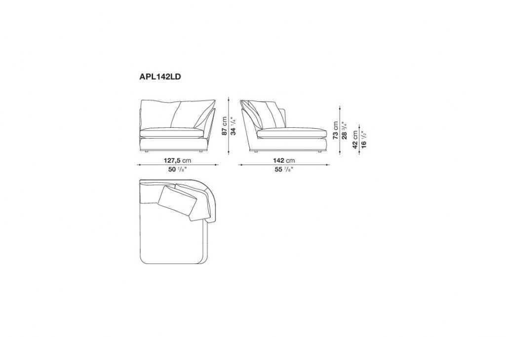 line drawing and dimensions for maxalto apollo sofa APL142LD