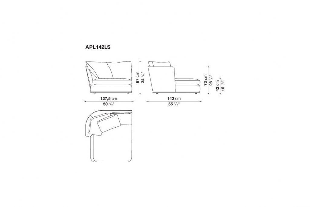 line drawing and dimensions for maxalto apollo sofa APL142LS
