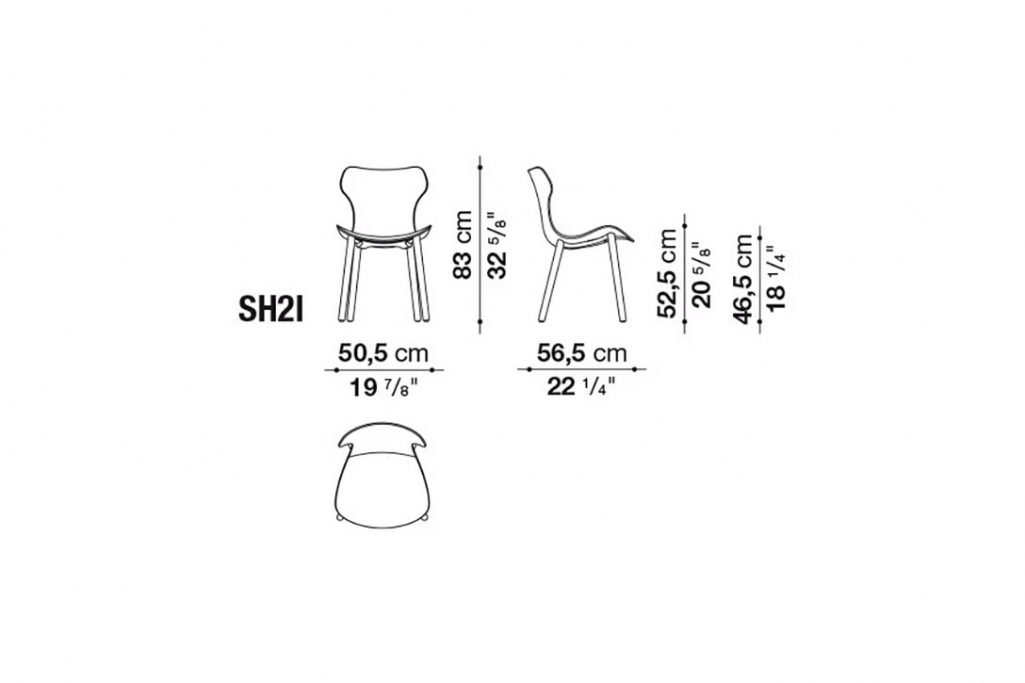 line drawing and dimensions for b&b italia papilio shell chair sh2i