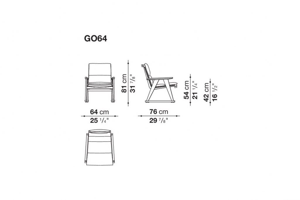 line drawing and dimensions for a b&b italia gio outdoor armchair