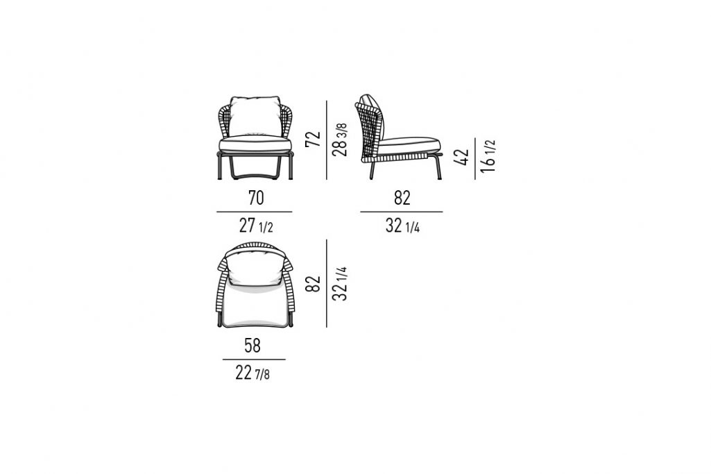line drawing and dimensions for minotti aston cord outdoor armchair without arms