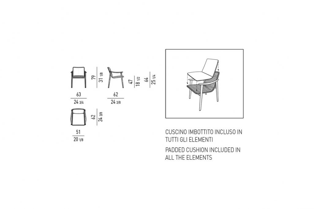 line drawing and dimensions for a minotti fynn outdoor dining arm chair