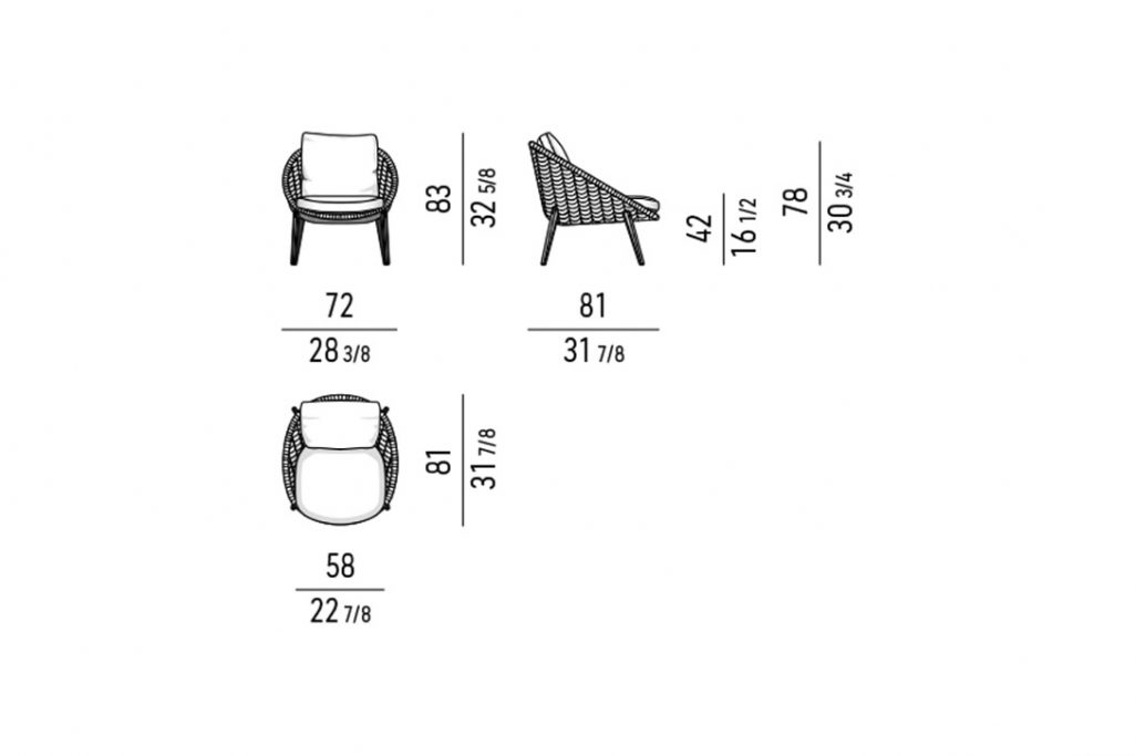 line drawing and dimensions for a minotti lido cord outdoor armchair little
