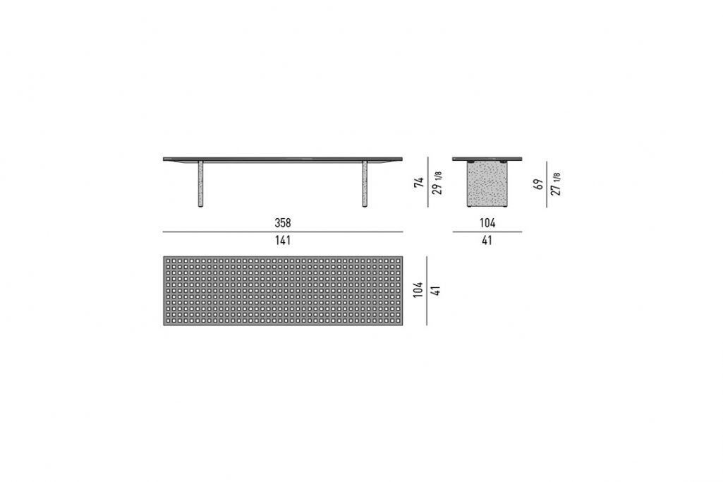 line drawing and dimensions for minotti quadrado outdoor dining table 141"