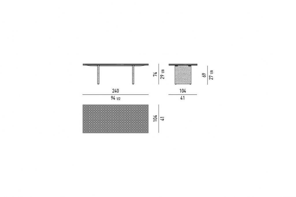 line drawing and dimensions for minotti quadrado outdoor dining table 94 1/2"