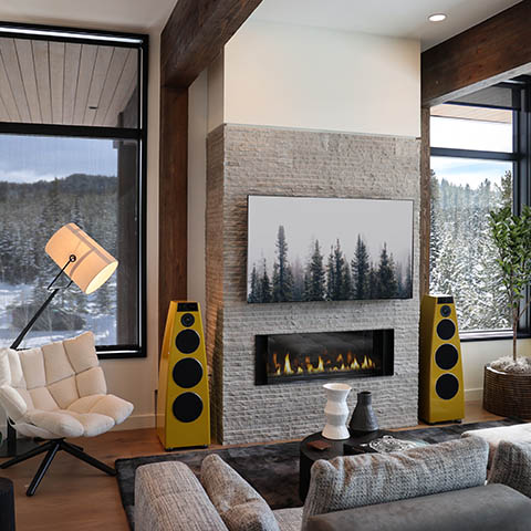 luxurious living room featuring modern furniture and smart home technology at 232 lake lodge moonlight basin big sky, mt