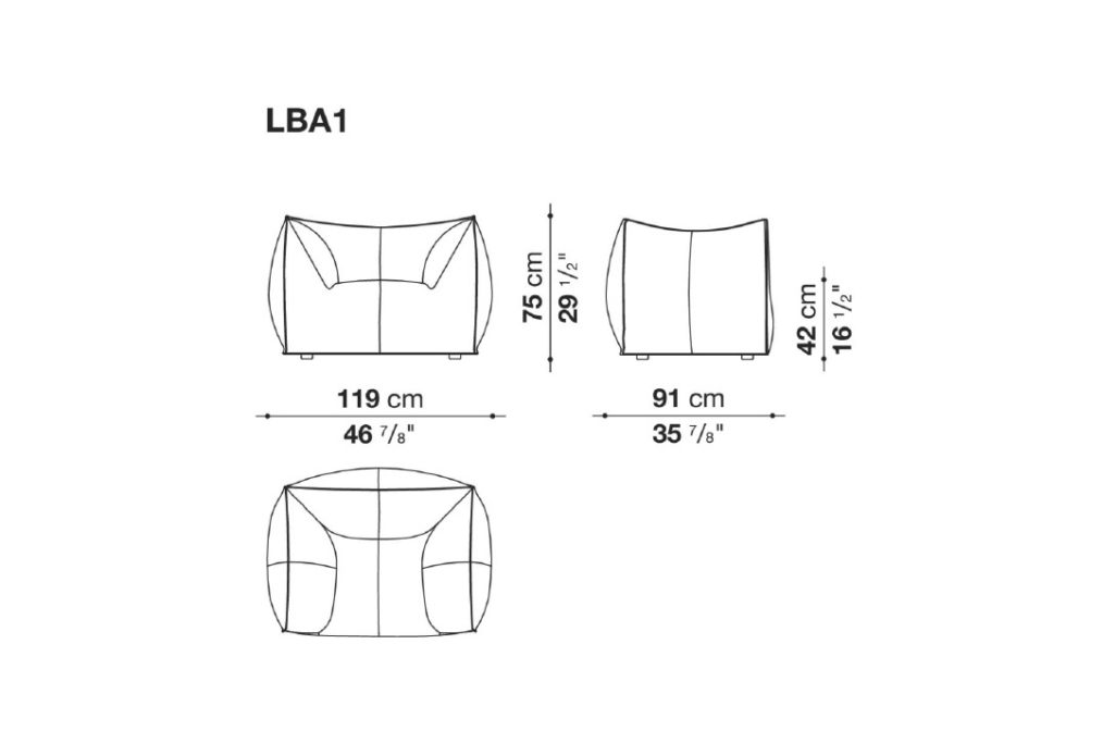 line drawing and dimensions for a b&b italia le bambole armchair