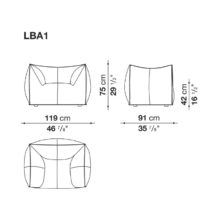 line drawing and dimensions for a b&b italia le bambole armchair