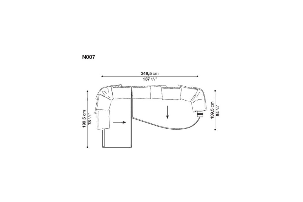 line drawing and dimensions for b&b italia noonu chaise left sofa