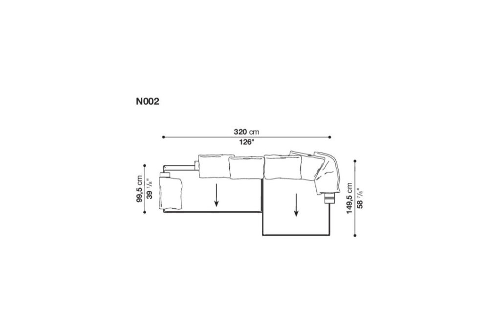 line drawing and dimensions for b&b italia noonu chaise right sofa