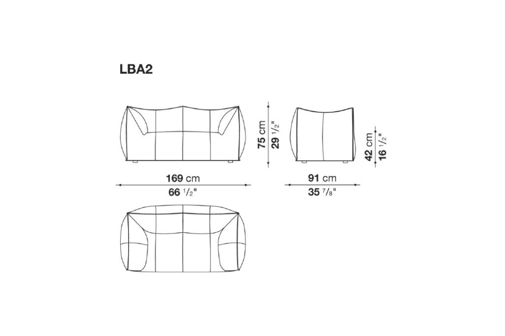 line drawing and dimensions for a b&b italia le bambole bibambola two-seater sofa