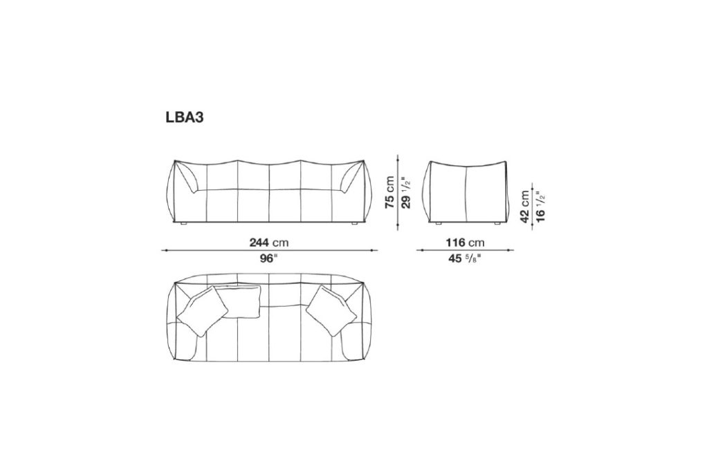 line drawing and dimensions for a b&b italia le bambole granbambola three-seater sofa
