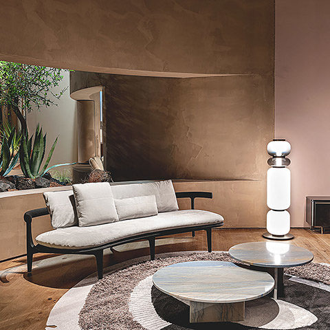 baxter himba sofa and tebe tables at salone del mobile 2022