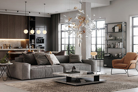 lasvit dancing leaves pendant in a modern living room