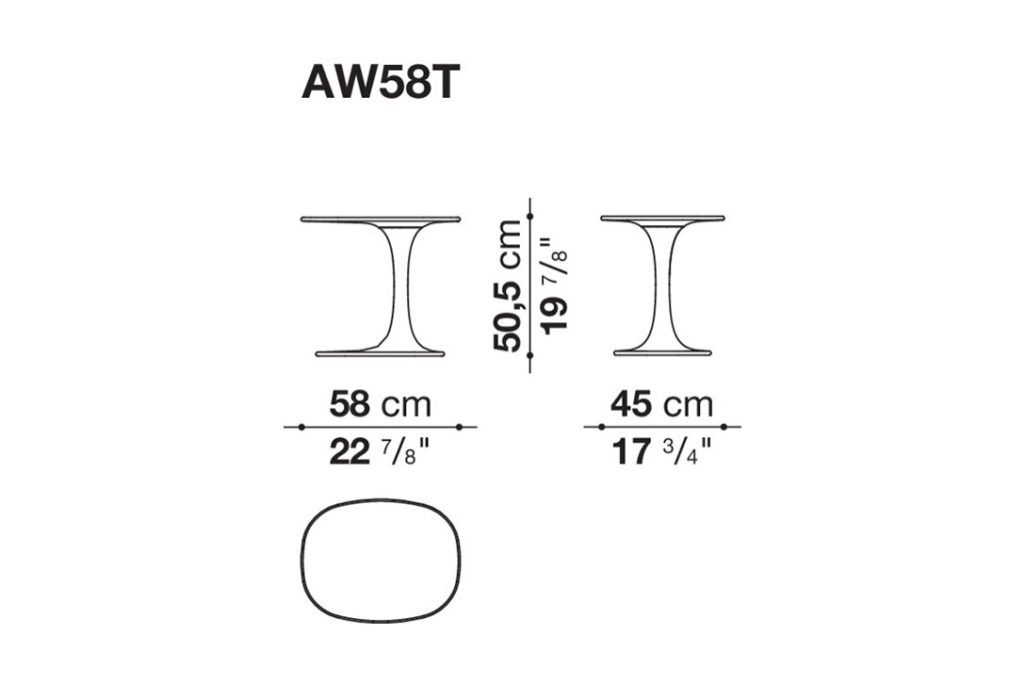 line drawing and dimensions for a b&b italia awa table aw58t