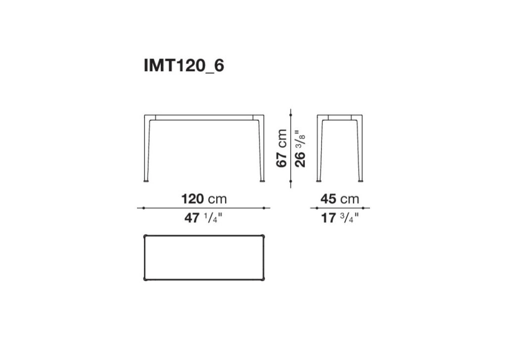 line drawing and dimensions for b&b italia mirto console table 47 1/4"
