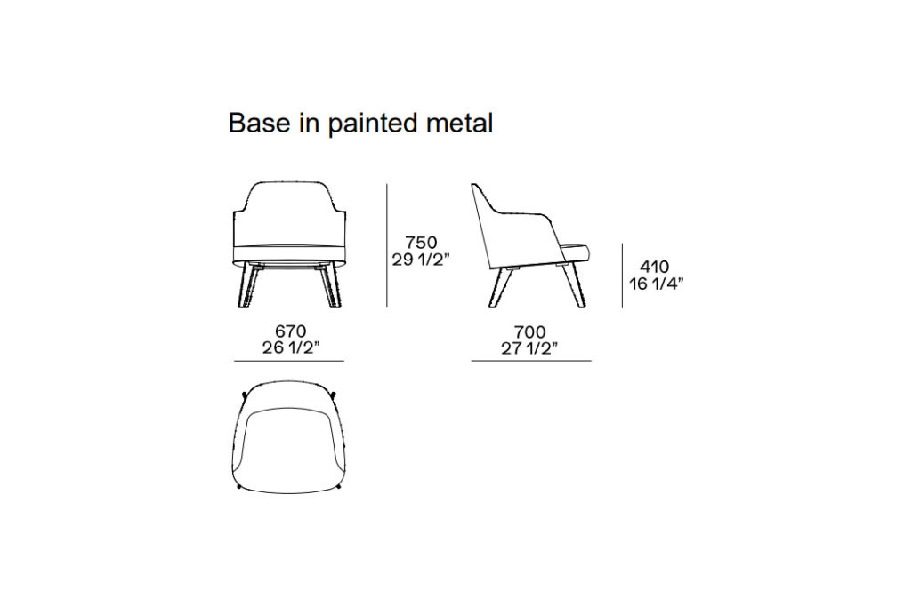 line drawing and dimensions for poliform jane armchair metal base