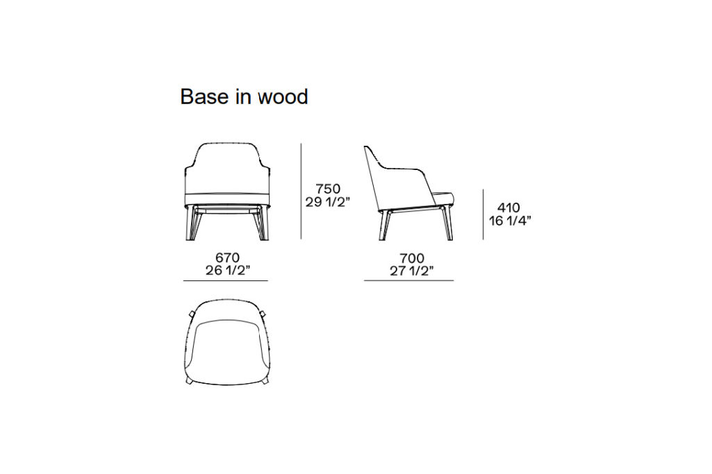 line drawing and dimensions for poliform jane armchair wood base