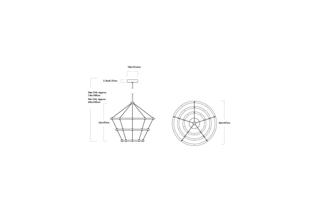 line drawing and dimensions for roll & hill halo pendant light 3 rings