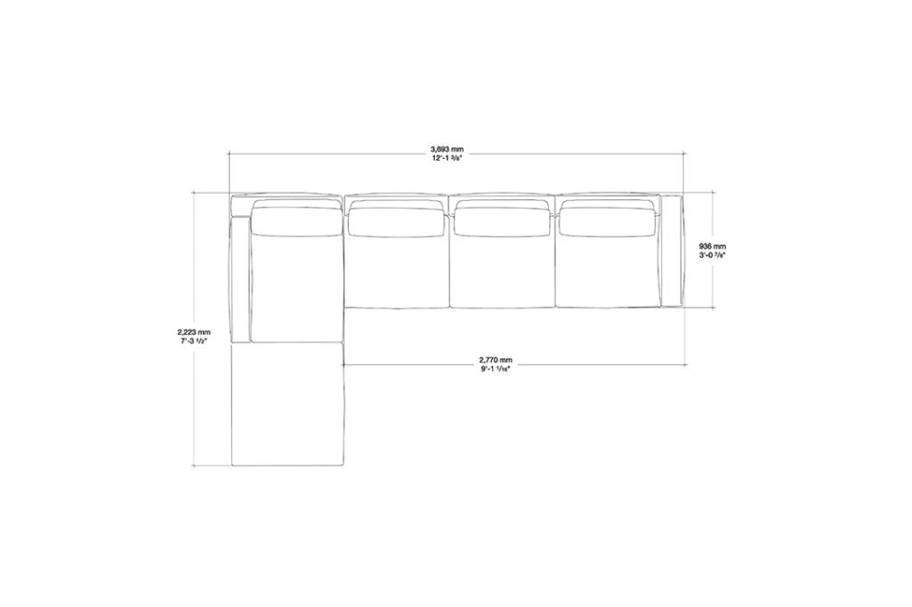 line drawing and dimensions for a flexform romeo sectional sofa