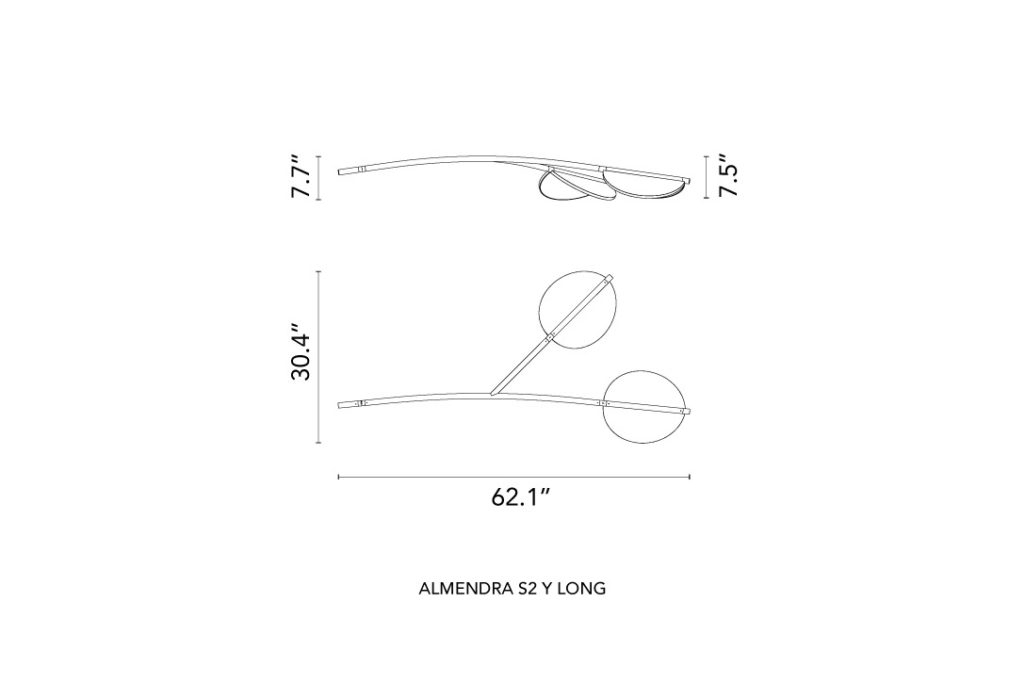 line drawing and dimensions for a flos almendra organic s2 pendant light long