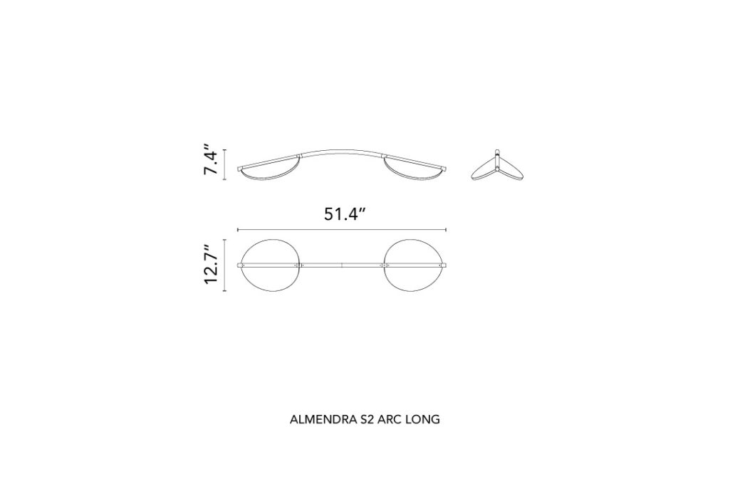 line drawing and dimensions for a flos almendra arch s2 pendant light long