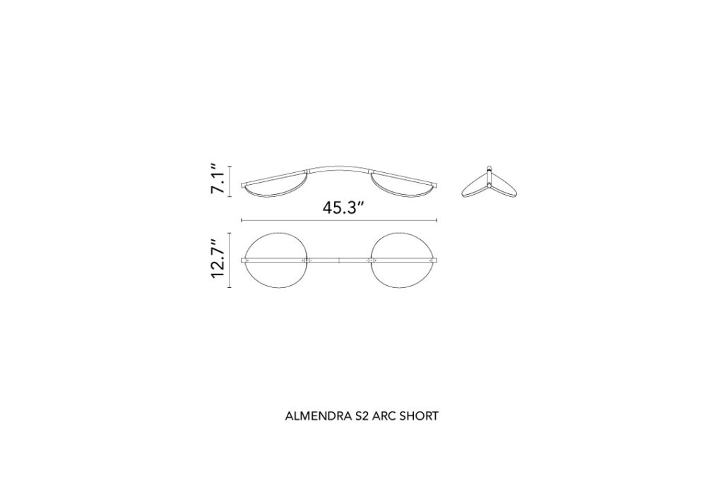 line drawing and dimensions for a flos almendra arch s2 pendant light short
