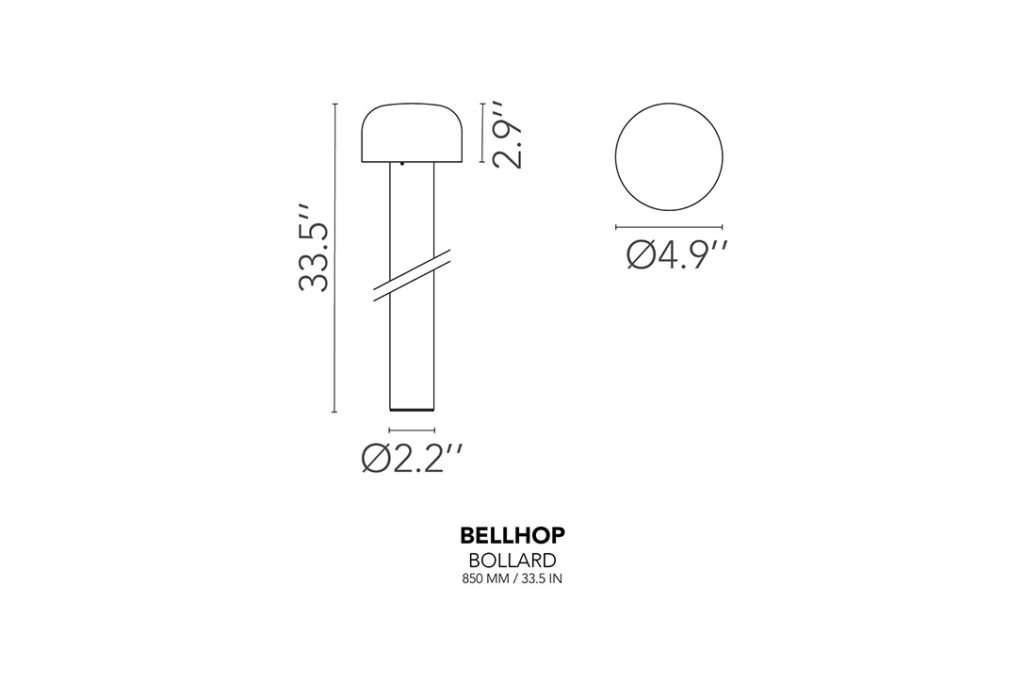 line drawing and dimensions for a flos bellhop bollard 850mm