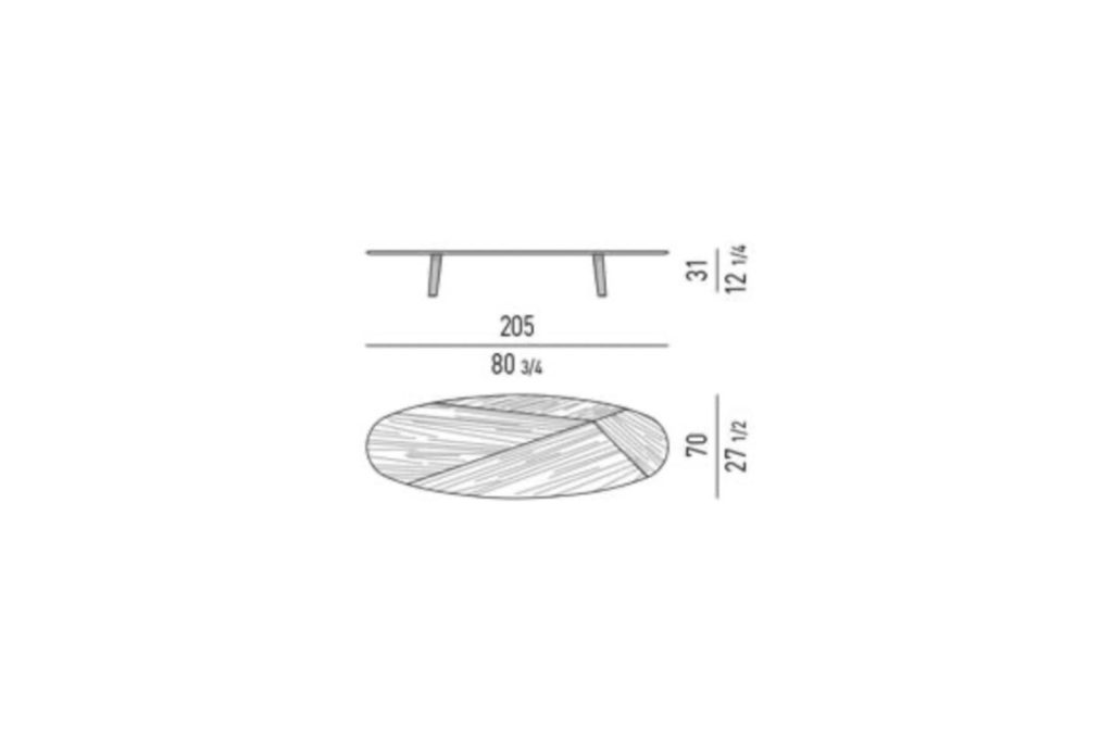 line drawing and dimensions for minotti sullivan oval coffee table