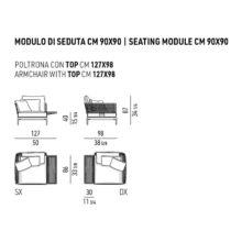 line drawing and dimensions for a minotti patio outdoor armchair 90cm