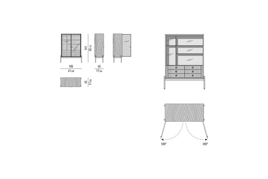 line drawing and dimensions for a minotti superquadra cabinet