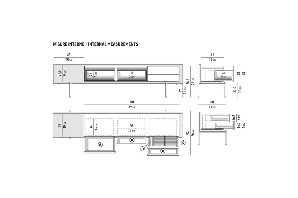 line drawing and dimensions for a minotti superquadra sideboard dining high internal