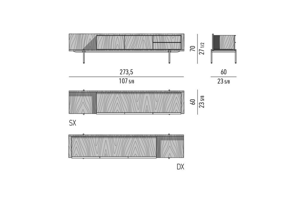 line drawing and dimensions for a minotti superquadra sideboard dining high