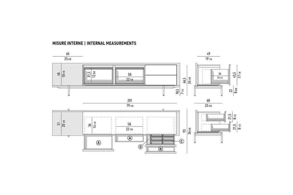 line drawing and dimensions for a minotti superquadra sideboard dining low internal