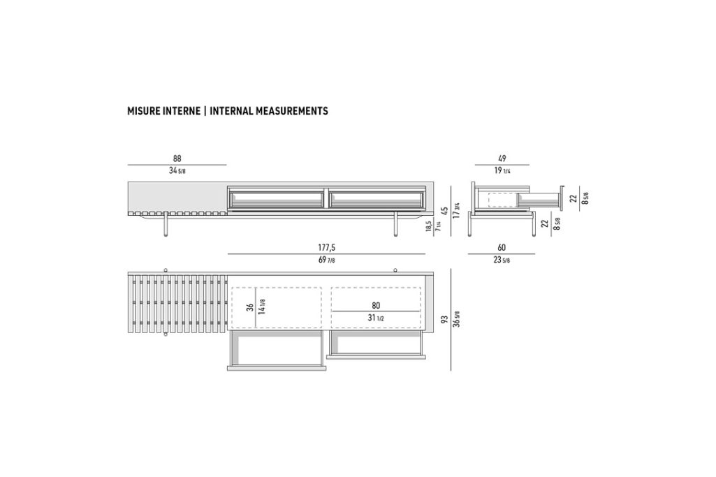 line drawing and dimensions for a minotti superquadra sideboard living/tv internal